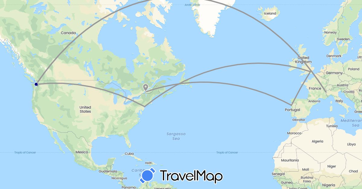 TravelMap itinerary: driving, plane in Canada, France, United Kingdom, Portugal, United States (Europe, North America)
